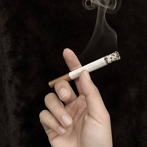 Photograph of a hand holding a lit cigarette with smoke curling upward against a black background, showcasing a slightly dirty ash.