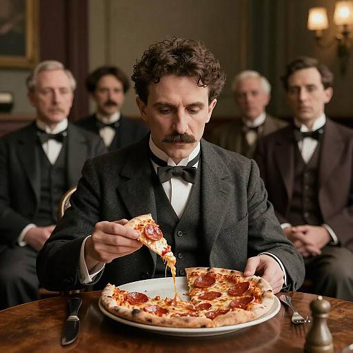 Nikola Tesla Enjoying Pizza with Inventors