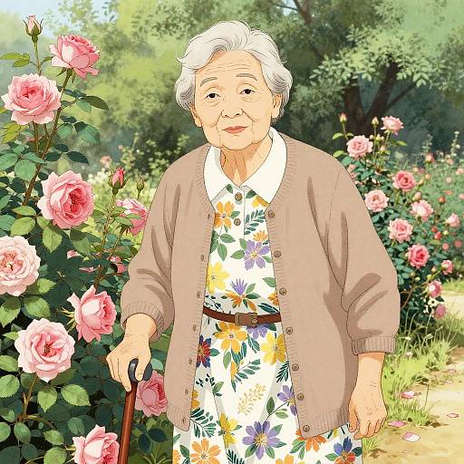 Elderly Woman in Manga Garden