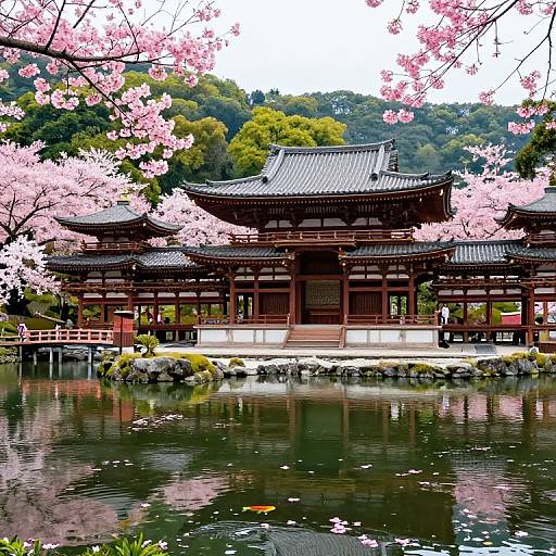 Photograph of a traditional Japanese wooden temple with pink cherry blossoms in the foreground, reflecting in a calm pond. Green forest background.