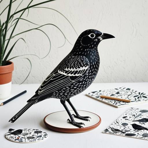 Whimsical Black Bird on Doodle Table