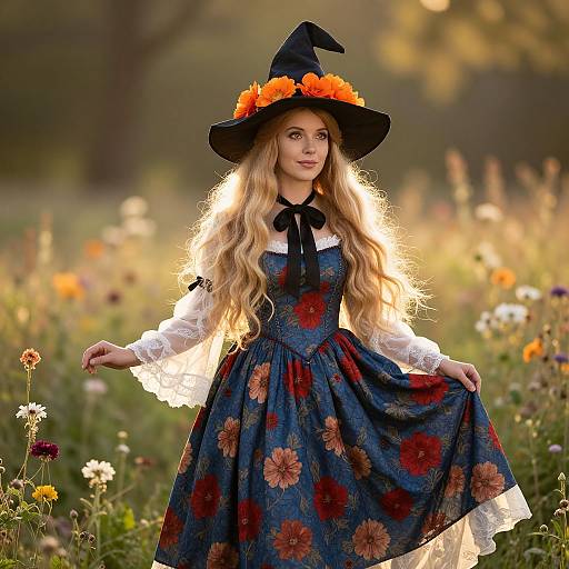 Photograph of a blonde woman in a floral blue dress, white lace sleeves, black witch hat with orange flowers, standing in a sunlit meadow