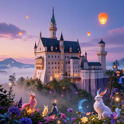 Fantasy Castle with Mystical Creatures and Floating Lanterns
