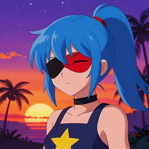 Anime-style digital drawing of a blue-haired girl with a ponytail, red and black eye patches, black choker, and star tank top, against
