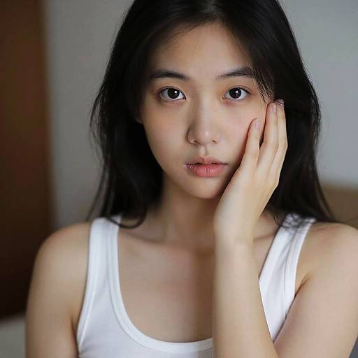 Photograph of an East Asian woman with long black hair, wearing a white tank top, touching her cheek with her right hand, looking directly at the
