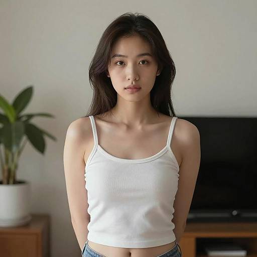 Photograph of a young Asian woman with long black hair, wearing a white tank top, standing in a minimalist room with a potted plant and TV