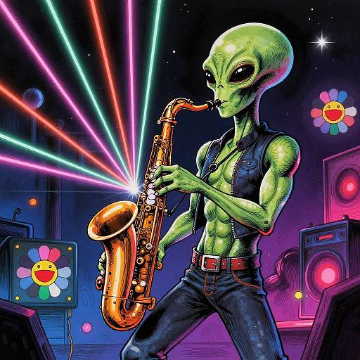 Lowbrow Alien Saxophonist in Neon