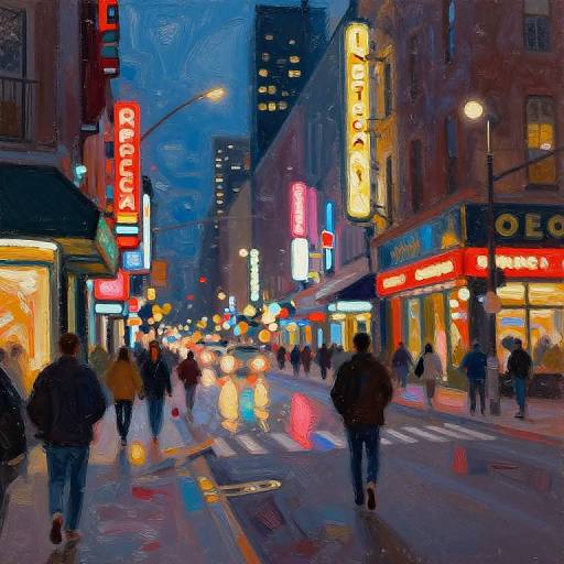 Vibrant digital painting of a rainy city street at night, filled with neon signs, colorful reflections, and bustling pedestrians.