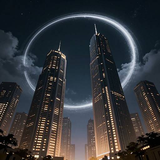 Digital art of a futuristic cityscape at night with tall skyscrapers, glowing lights, and a large, circular, blue-white ring in the sky