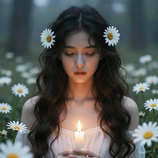 Mystical Woman in Foggy Daisy Forest