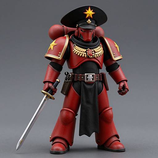 Photograph of a red-armored, masked warrior with a black hat, gold star, and necklace, holding a sword, standing against a grey background