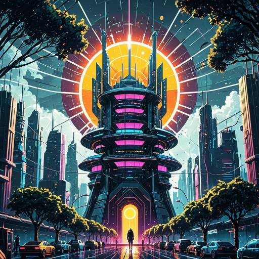 Futuristic Neon Cyberpunk Tower with Radiant Sun