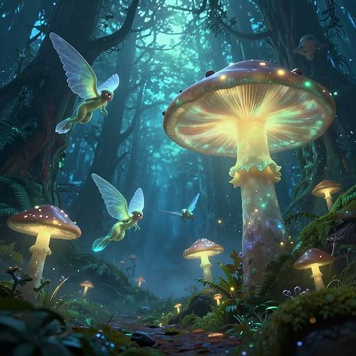 Digital fantasy artwork of luminescent fairy-like creatures with glowing wings flying around bioluminescent mushrooms in a mystical, blue-lit forest.