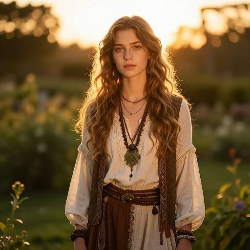 Photograph of a young woman with long, wavy brown hair, wearing a white blouse and brown vest, standing in a garden at sunset, with