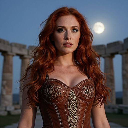 Photograph of a red-haired woman with wavy hair, wearing a brown, intricately embroidered corset, standing against a blue sky with a full