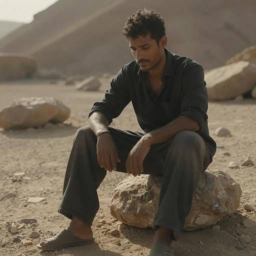 Man in Rocky Landscape Under Warm Sunlight