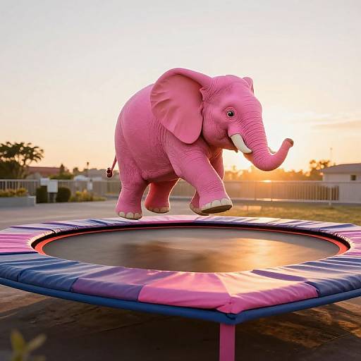 Photograph of a pink, cartoon-style baby elephant joyfully bouncing on a colorful, circular trampoline at sunset in a suburban backyard.