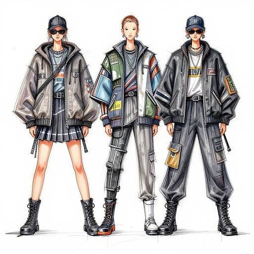 Digital illustration of three stylish, edgy individuals in oversized jackets, sunglasses, and tactical pants, standing side by side. Each wears unique patches and accessories