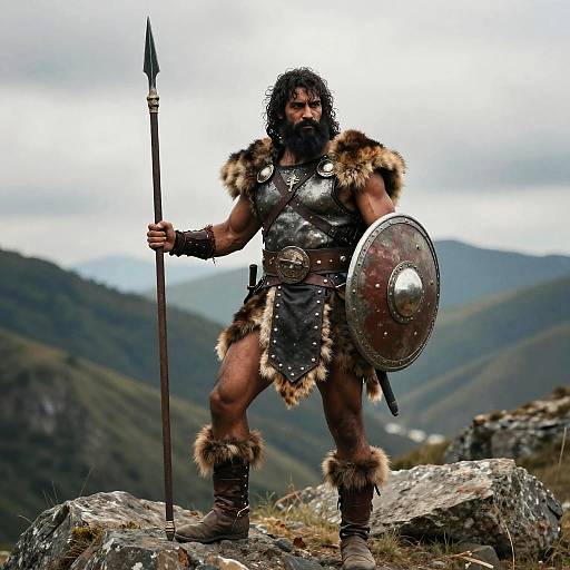 Photograph of a muscular, bearded warrior with dark curly hair, wearing fur-trimmed armor, holding a spear and round shield, standing on