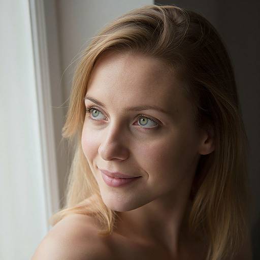 Photograph of a smiling blonde woman with light green eyes, fair skin, and shoulder-length hair, bathed in soft natural light.