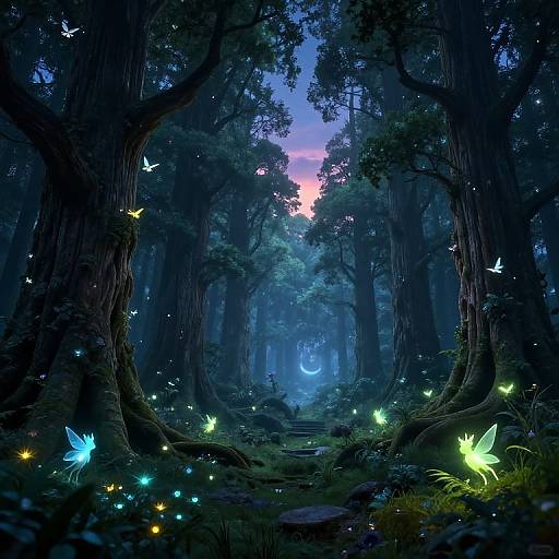 Digital fantasy art: Dark enchanted forest at dusk with glowing blue and green fireflies, bioluminescent butterflies, and a mystical crescent moon.