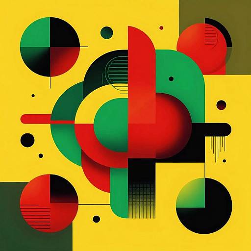 Abstract geometric artwork with overlapping red, green, and black circles, shapes, and lines on a bright yellow background. Digital art style.