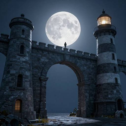 Photograph-style CGI of a moonlit night with a large, bright full moon, a stone archway, and two cylindrical towers, one with a