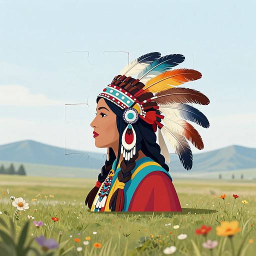 Digital illustration of a Native American woman in profile, wearing a colorful feathered headband, red cloak, and large earrings, in a grassy field
