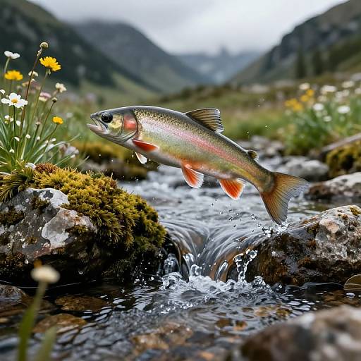 Photograph of a vibrant rainbow trout with orange fins jumping out of a rocky stream, surrounded by yellow flowers and mossy rocks, with a mountainous