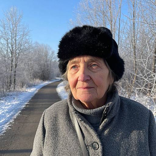 Photograph of an elderly woman with wrinkled skin, wearing a black fur hat and gray coat, standing on a snowy, leafless path in a