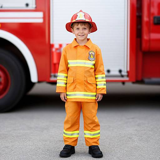 Boy in Fireman Costume with Truck