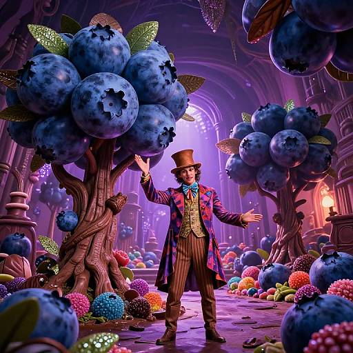 Fantastical digital illustration of a top-hatted man in a colorful coat, standing amidst giant, vibrant blueberry trees in a whimsical, purple