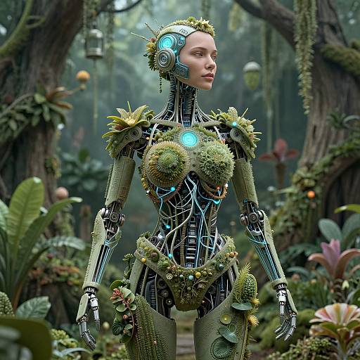 Cyborg woman with glowing blue lights, green leafy armor, and mechanical components stands in a lush, futuristic forest garden. Digital art.