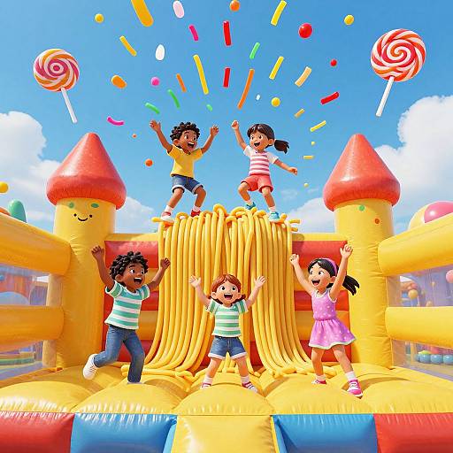 Photograph of four excited children jumping on a colorful inflatable castle with candy-themed decorations and swirling lollipops under a bright blue sky.