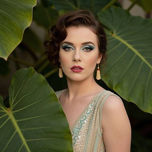 Photograph of a fair-skinned woman with dark, wavy hair, wearing teal eye makeup, red lipstick, gold earrings, and a beaded