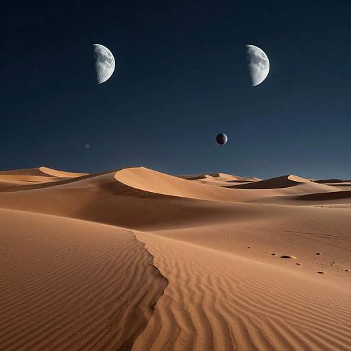 Photograph of a desert with rippled sand dunes under a dark blue night sky, showing two bright crescent moons and one smaller dark planet.