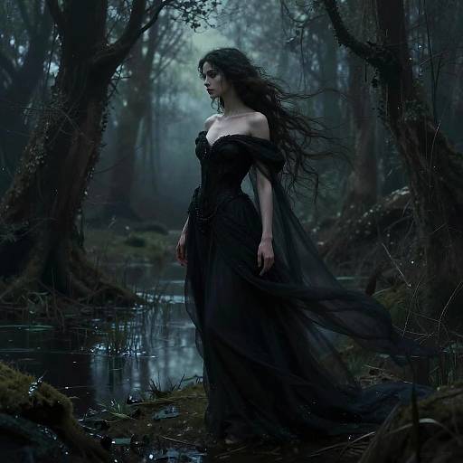 Mysterious dark-haired woman in a flowing black dress stands in a misty, shadowy forest by a reflective stream. Digital art.