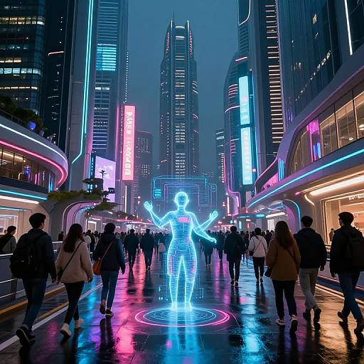 Neon-lit urban street at night, illuminated holographic figure with outstretched arms in center, surrounded by diverse pedestrians, colorful skyscrapers