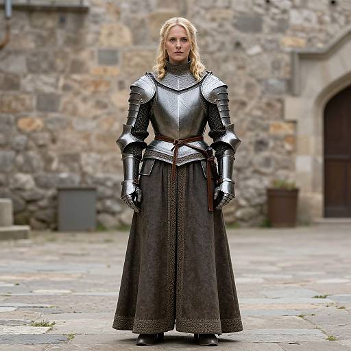 Photograph of a blonde woman in medieval silver armor and dark, floor-length skirt standing on a cobblestone courtyard in front of a stone wall.