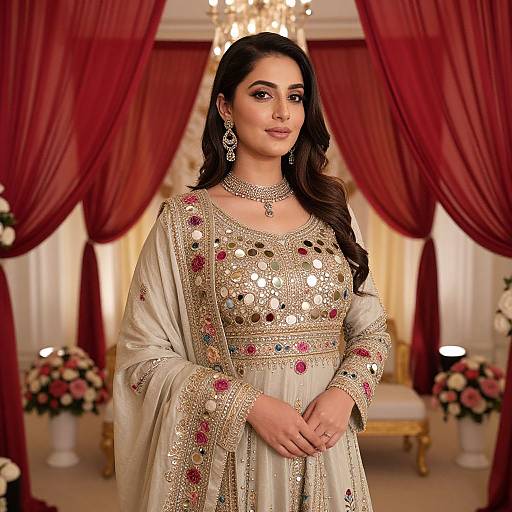 Photograph of a beautiful South Asian woman in an ornate, cream-colored lehenga with gold and red embroidery, standing in a luxurious room with red
