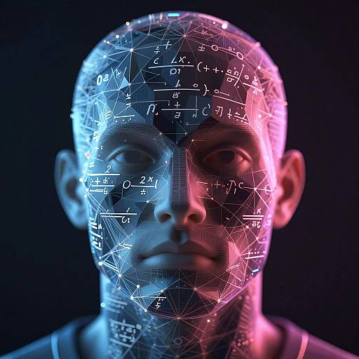 CGI image of a bald, androgynous face with mathematical equations and geometric patterns overlaying it, lit in blue and pink neon.