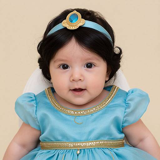 Photograph of an adorable Asian baby girl with dark hair, wearing a light blue dress with gold trim, and a blue headband with a gold jewel