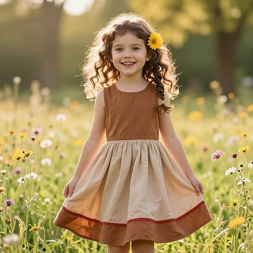 Photograph of a smiling young girl with curly brown hair, a yellow flower in her hair, wearing a brown and beige dress, standing in a sun