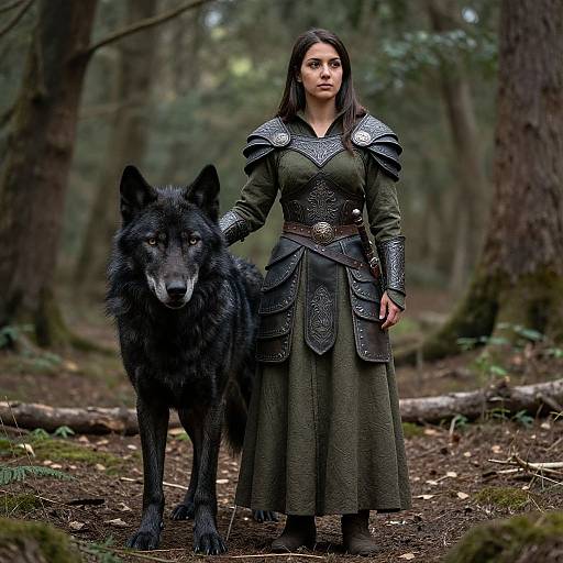 Photograph of a dark-haired woman in medieval armor standing in a forest, hand on a large black wolf's back. Dense trees and mossy ground