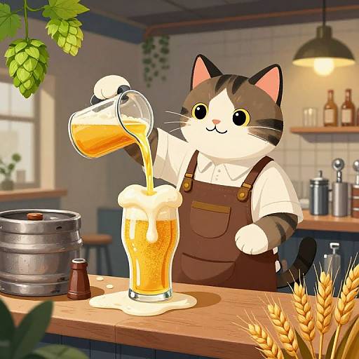 Whimsical Cat Bartender in Brewery