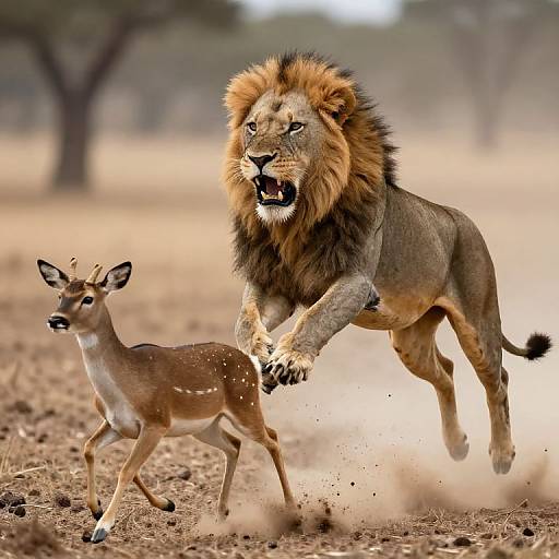 Photograph of a fierce male lion mid-leap chasing a frightened, brown antelope with white spots across a dry, dusty savanna.