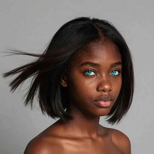 Photograph of a young Black woman with striking blue eyes, dark straight bob haircut, and glossy lips, against a plain white background.