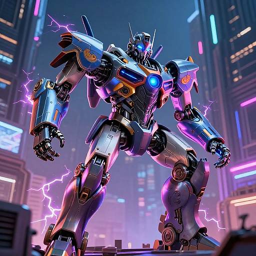 Digital CGI image of a glowing, futuristic, purple and blue robot with lightning bolts, standing in a neon-lit cityscape.