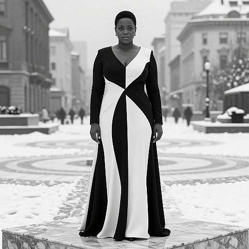 Black-and-white photograph of a serious Black woman in a long, black and white dress, standing in a snowy urban square.
