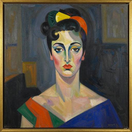 Expressionist oil painting of a solemn woman with dark hair, colorful headband, and multicolored dress, set against a dark, abstract background.